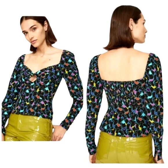Staud Black Multicolor Print Long Sleeve Sweetheart Neck Josephine Top 12 - Picture 1 of 12